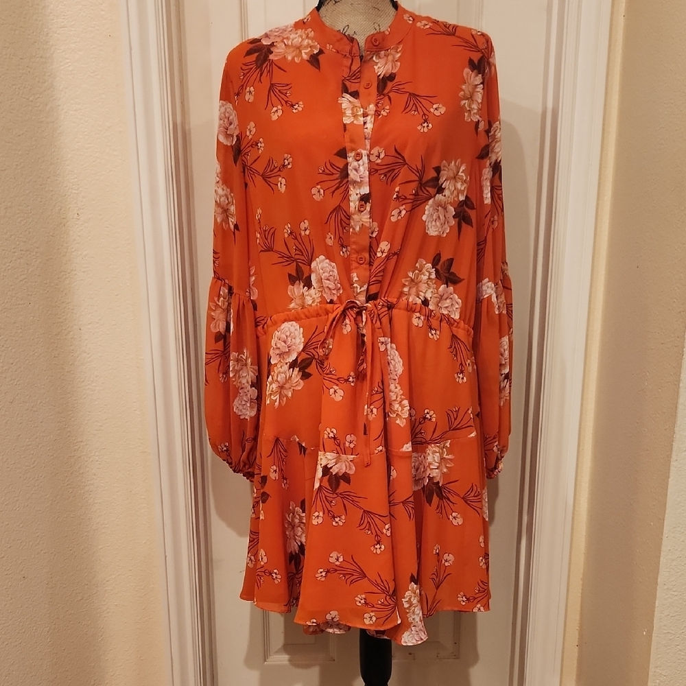 Long-Sleeved Floral Orange Dress